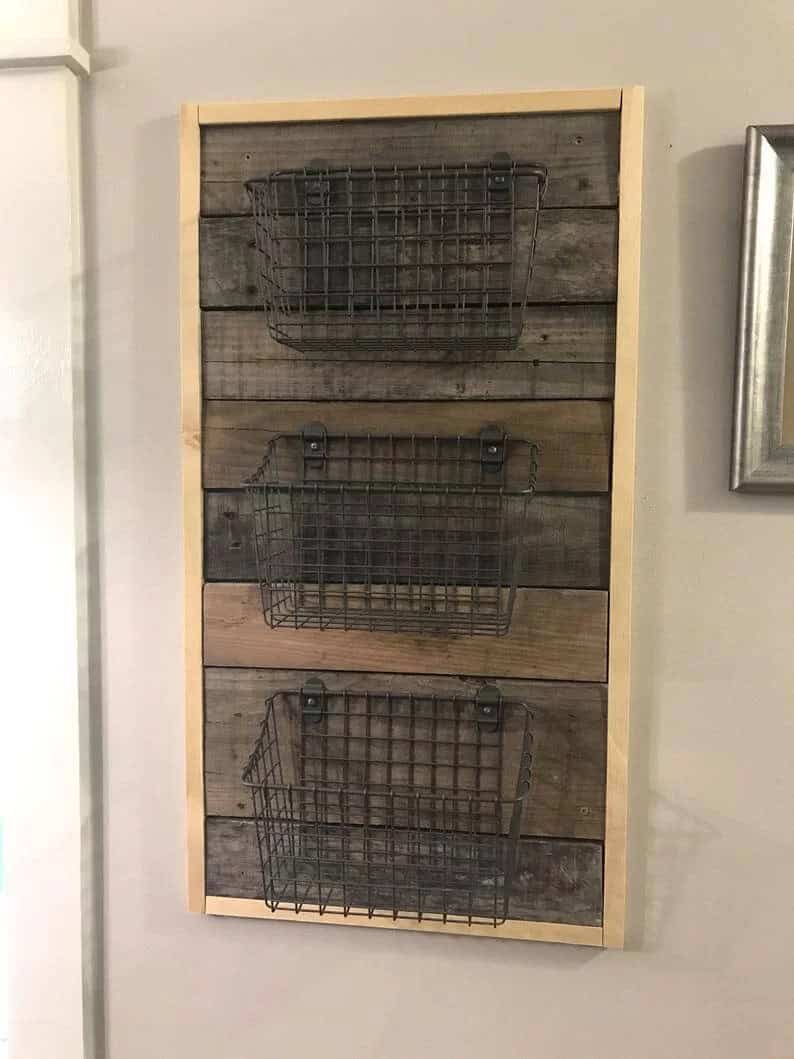 Hanging Pallet Wood and Wire Basket Organizer