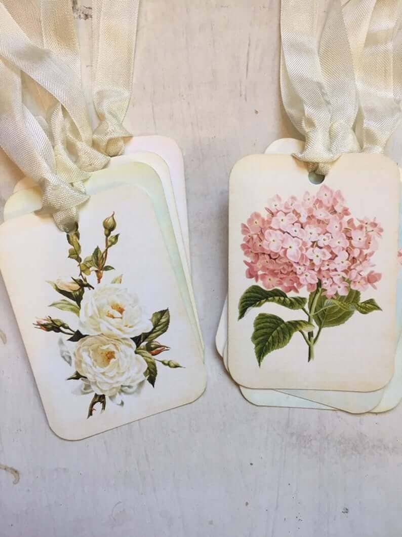 Hydrangea or Rose Set of 4 Tags with Ribbon