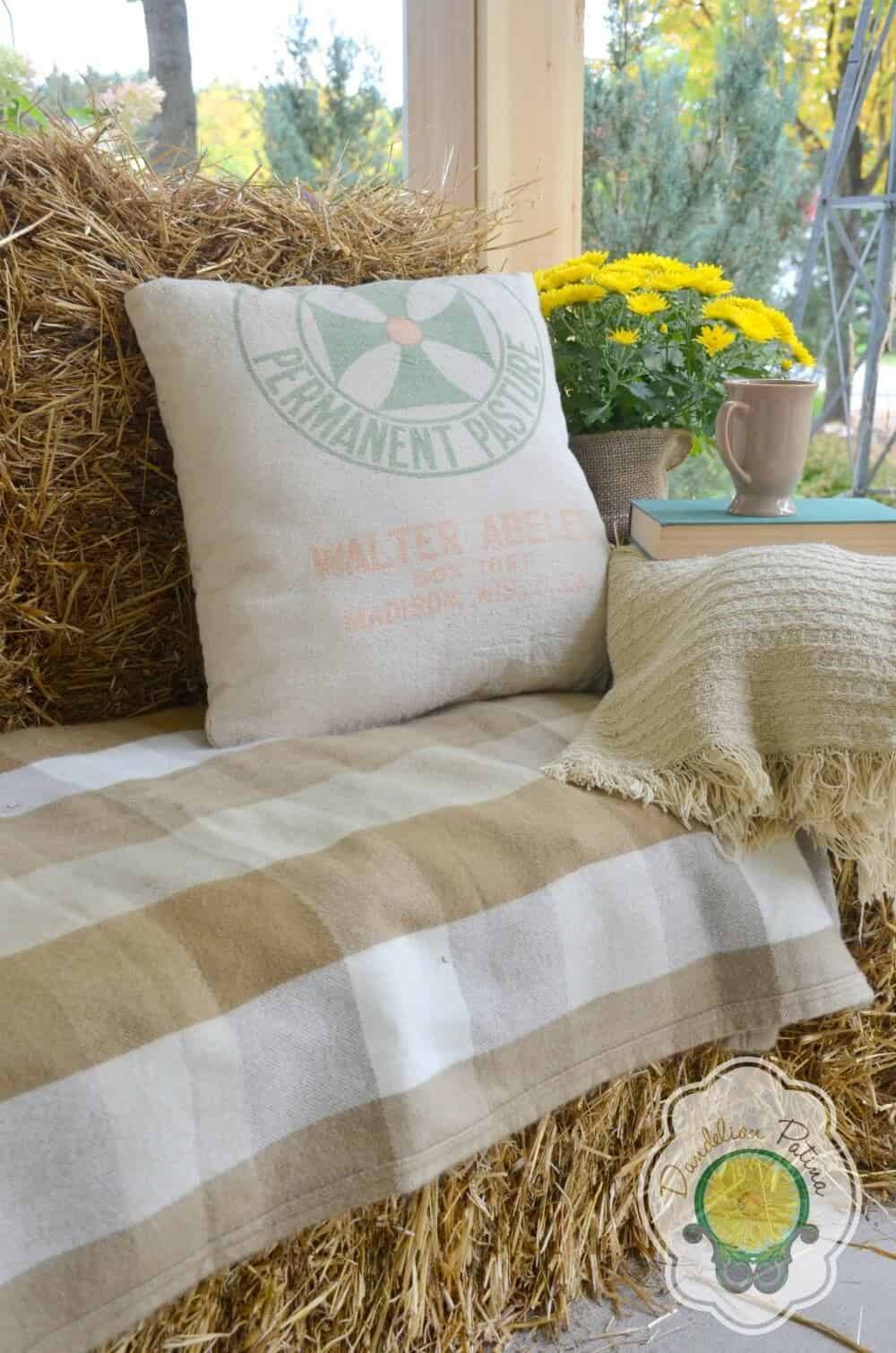 Cozy Haystack Stuffed Porch Sofa & Natural Throw