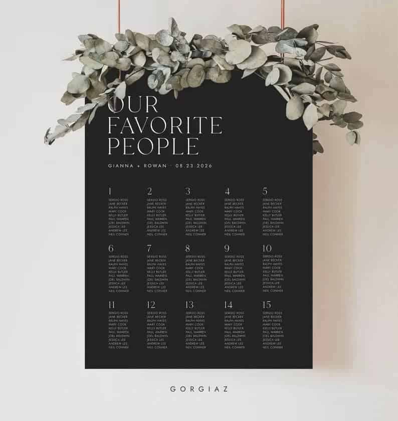 Minimalist White-on-Black “Our Favorite People” Seating Chart