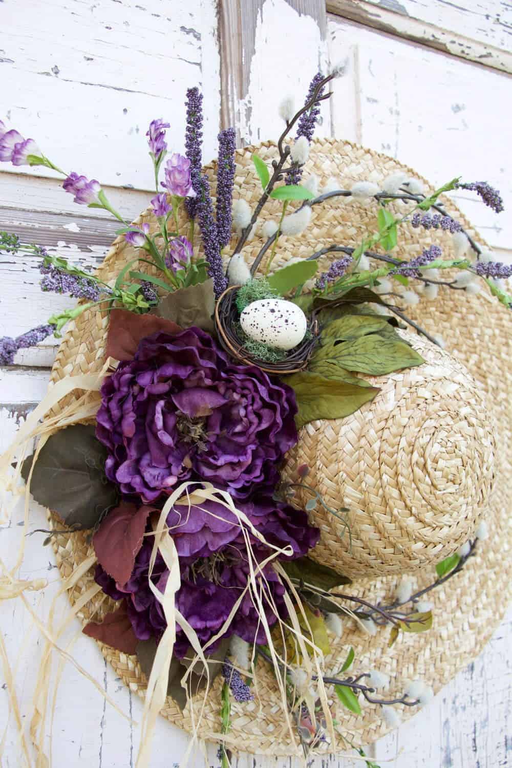 Straw Hat Wreath with Purple Flowers