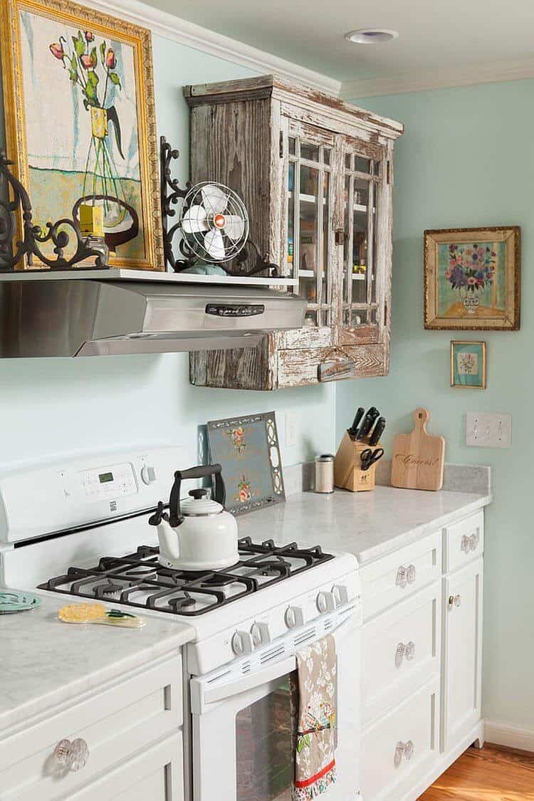 Powder Blue Walls and Distressed Wood Cabinet