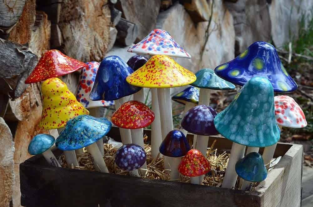 Bold and Vibrant Ceramic Mushroom Garden Stakes