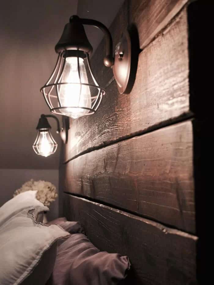 Barn Lighting Built Into Headboard