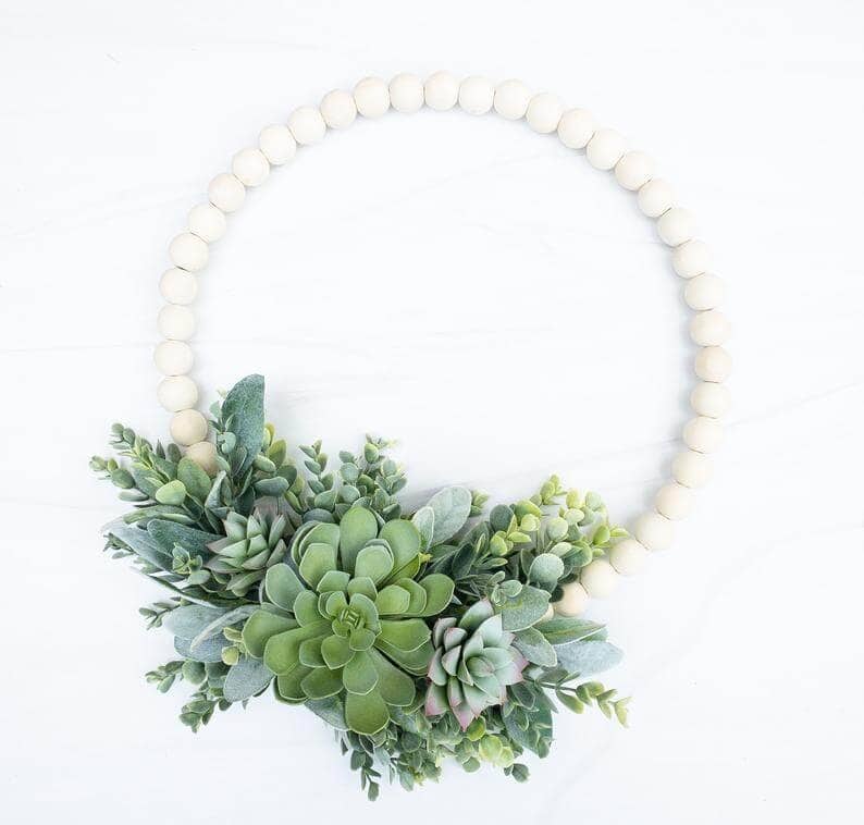 Wood Bead Succulent Floral Wreath