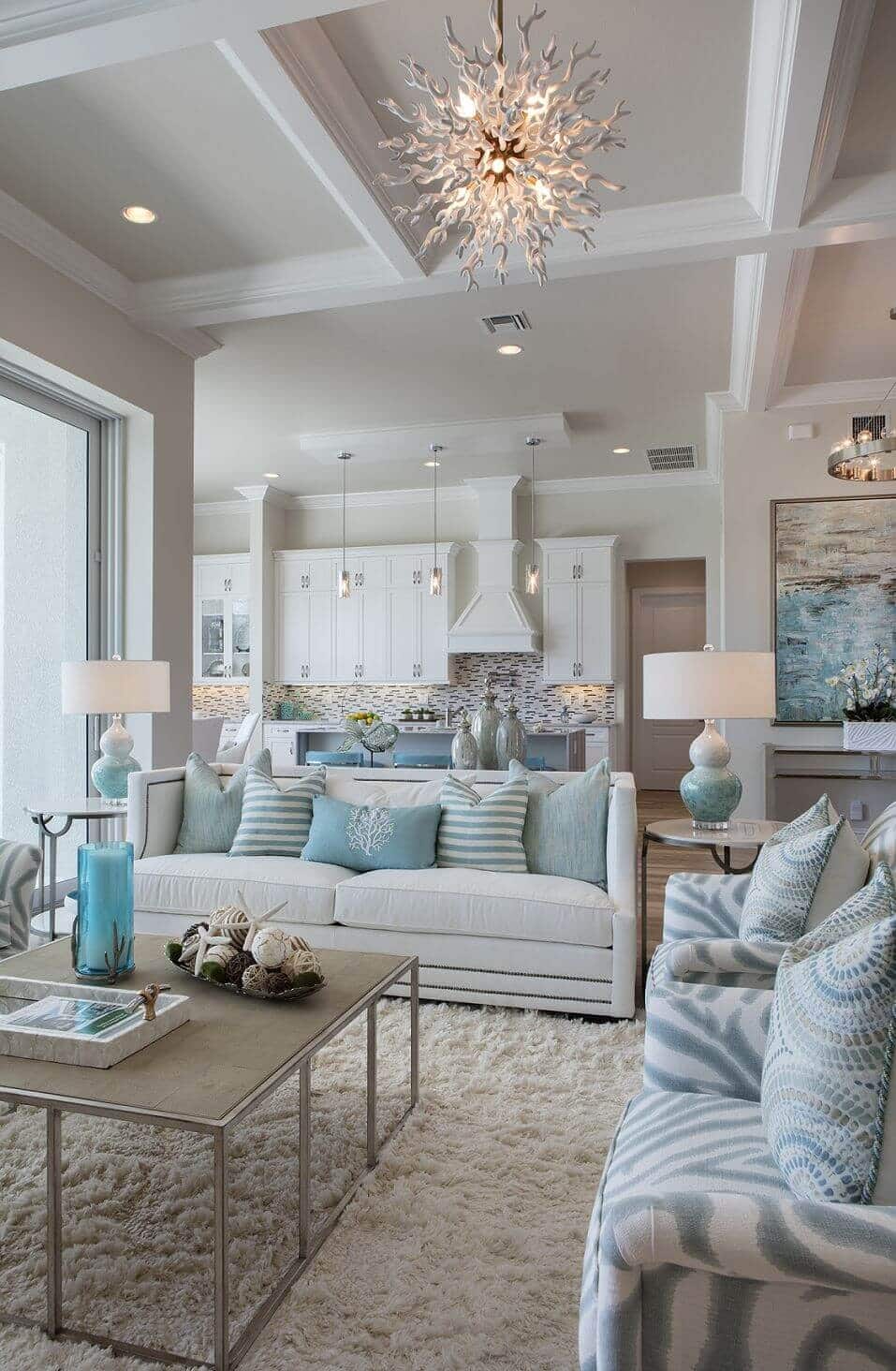 Beach Inspired Living Space with Coral Lighting