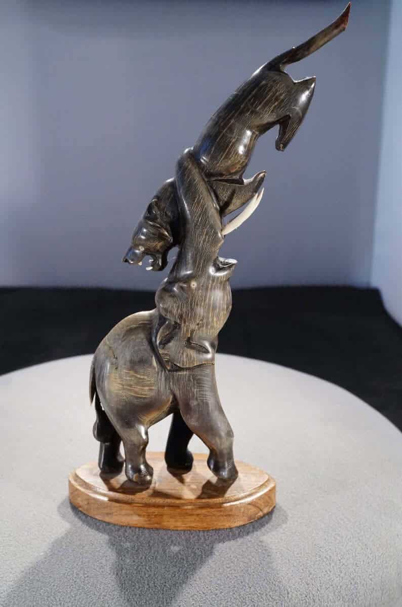 Thrilling Elephant Panther Antique Figurine