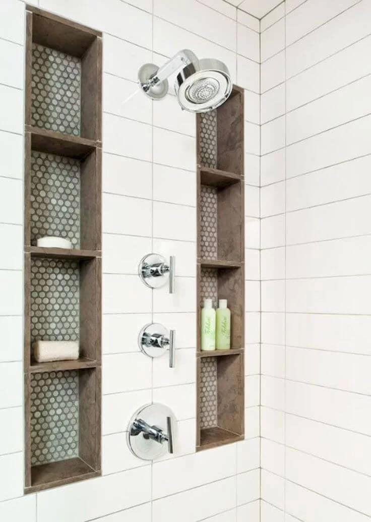 Built-in Shower Storage Columns with Decorative Tile