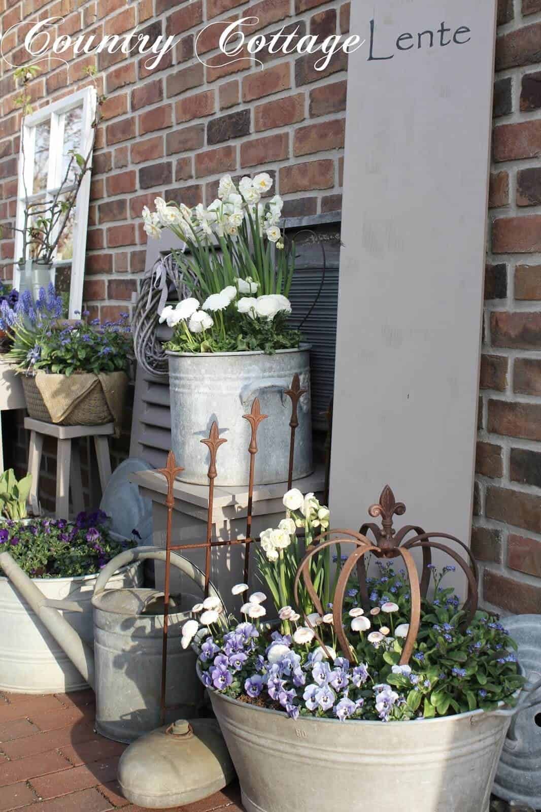 An Assortment of Metal Planters with Flowers