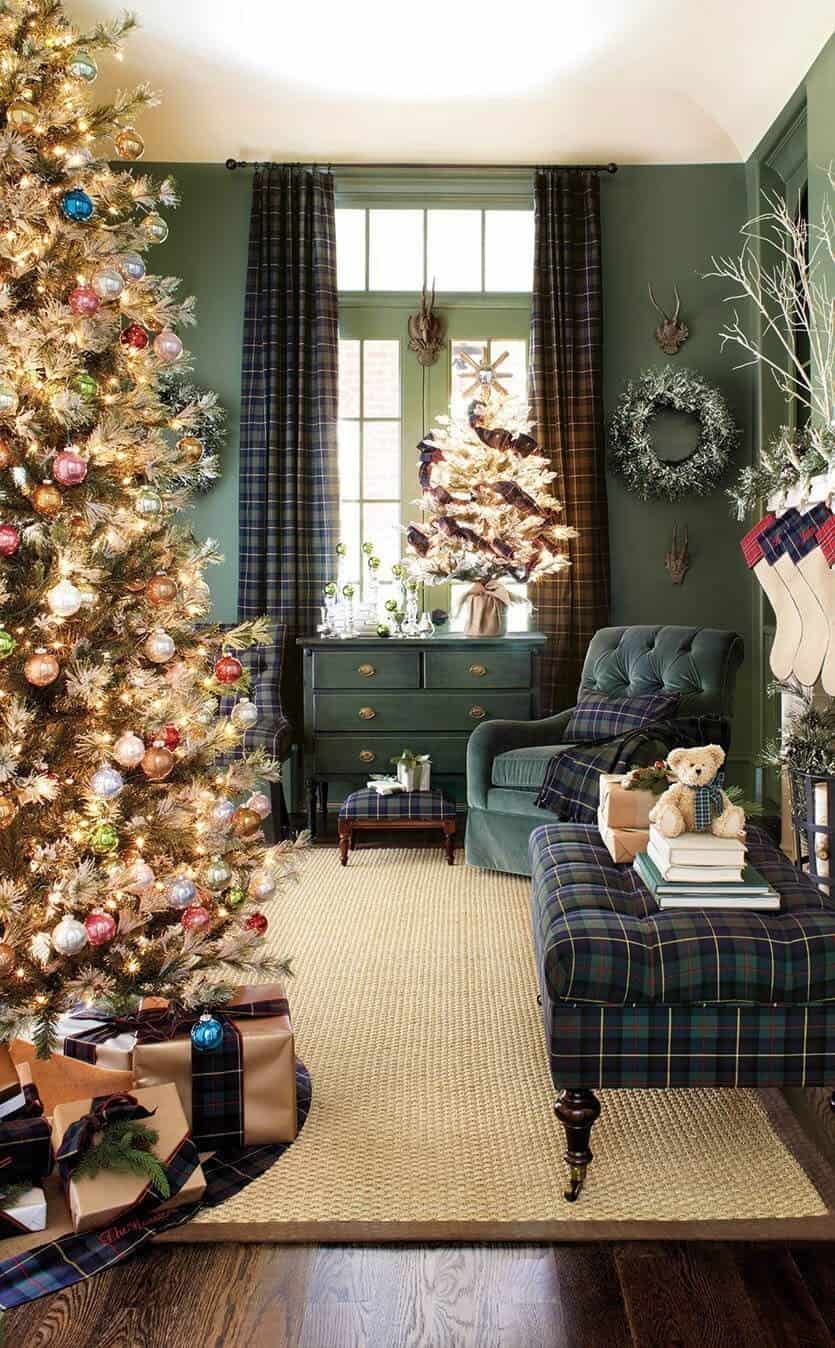 Gold Bedecked Tree in Blue Plaid Room