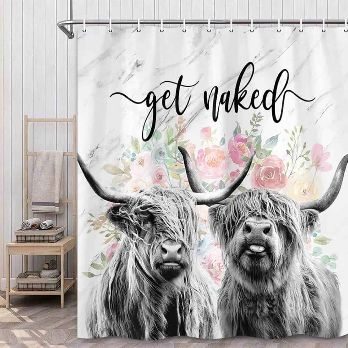 “Get Naked” Highland Cow Shower Curtain