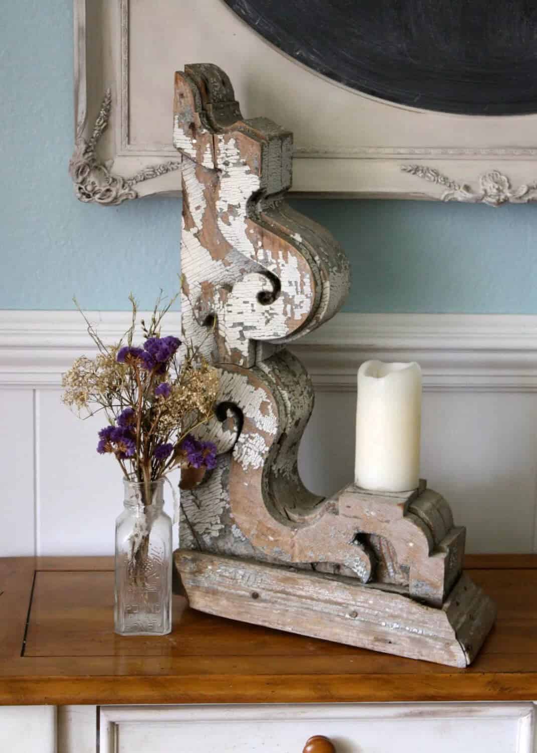 Repurposed Distressed Wood Corbel Candleholder