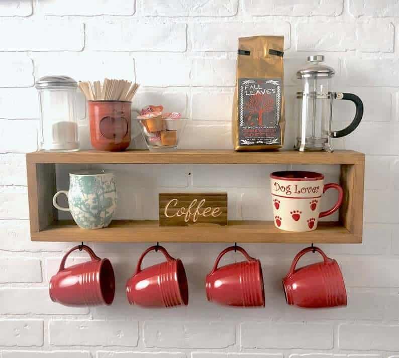 Coffee Central Wooden Shelf with Hooks