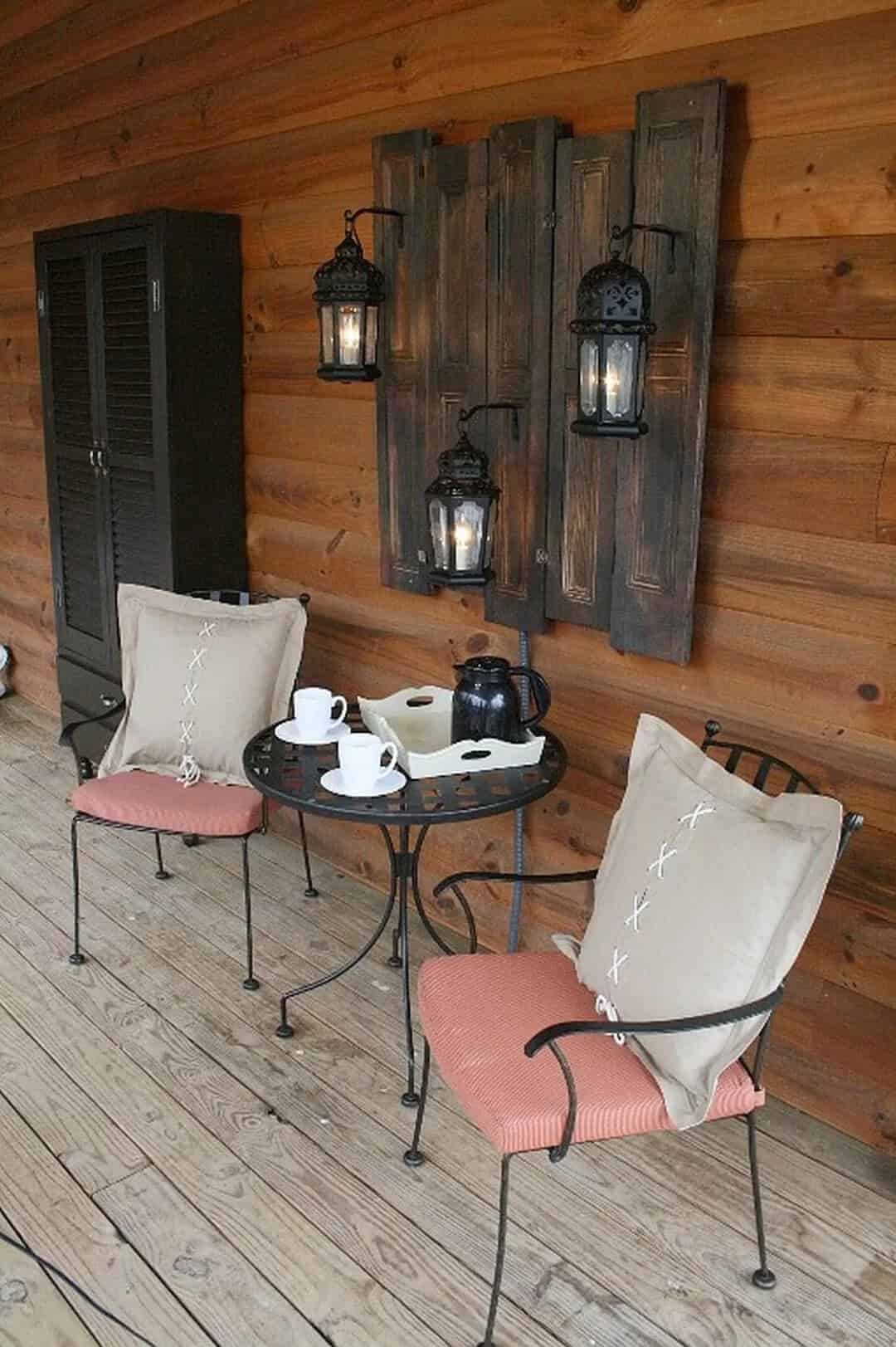 Dark Stained Wood Wall Hanging with Lanterns