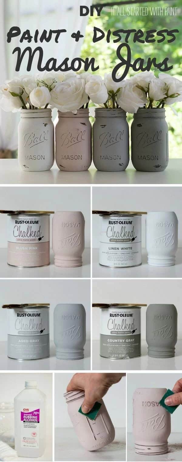 Distressed Neutral Painted Mason Jar Vases