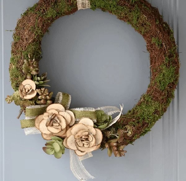 Succulent Wreath with Wood Slice Flowers