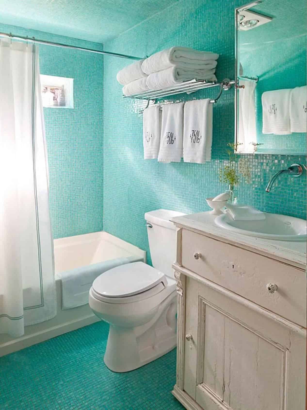 Glittering Ocean of Turquoise Tiles for Small Bathroom