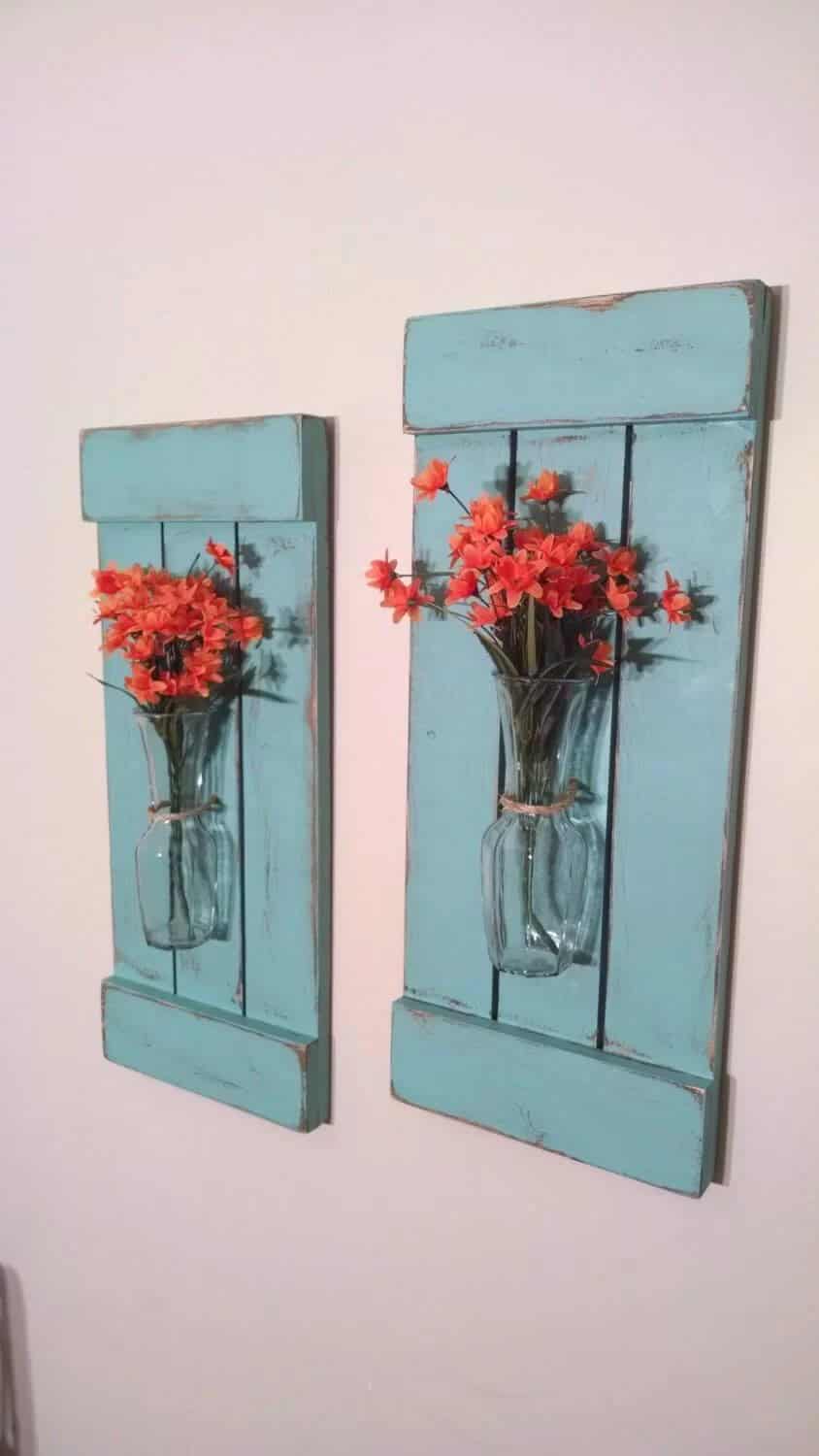 Retro Flower Vase Wall Hanging with Shutters