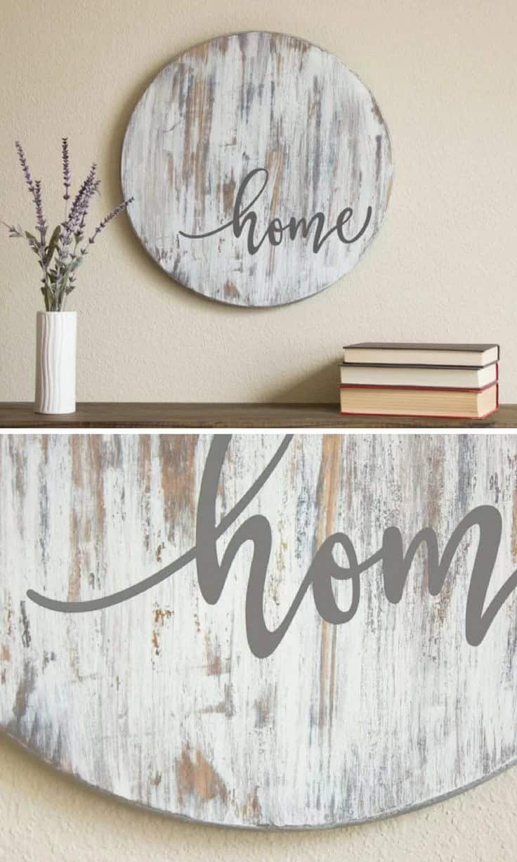 “Home” Sign on Distressed Wood Circle