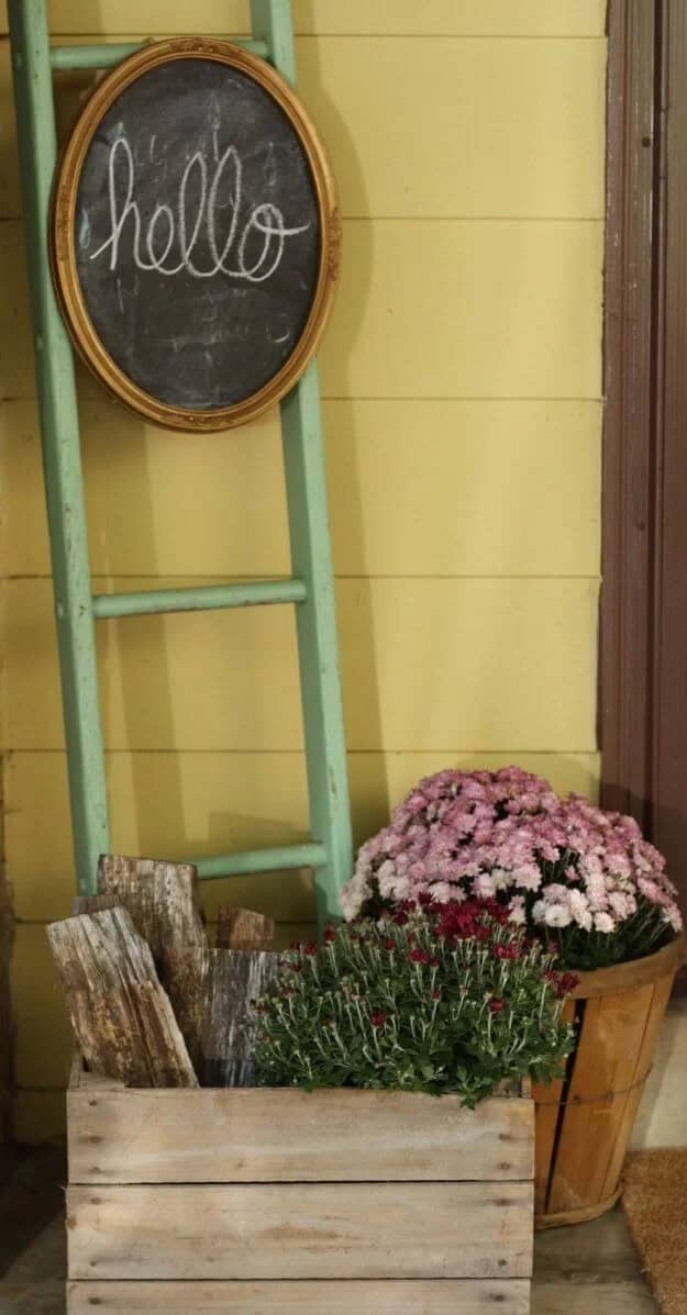 Wood Box and Barrel Planters with Chalkboard Sign