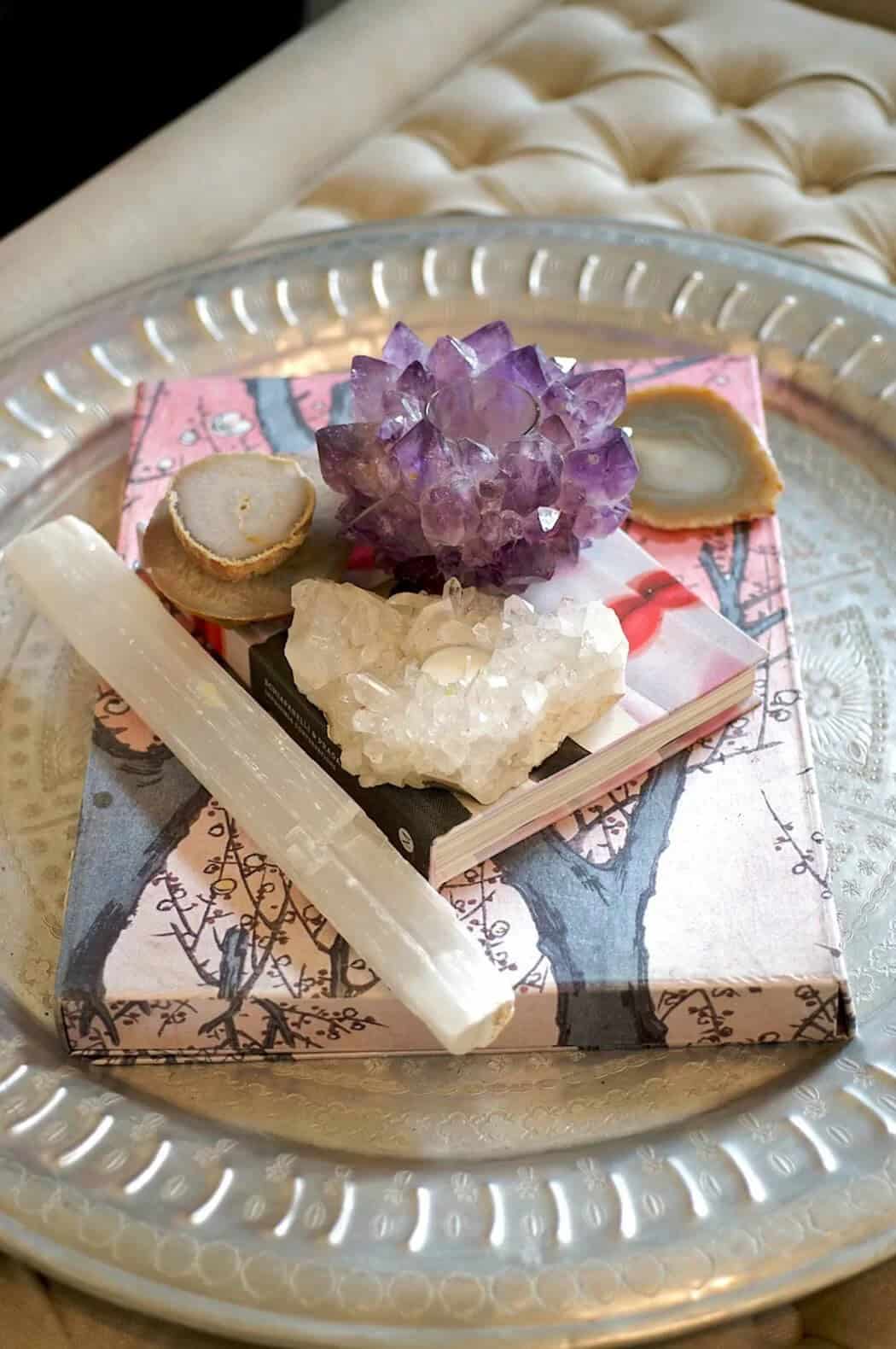 Platter of Pretty and Polished Stones and Books