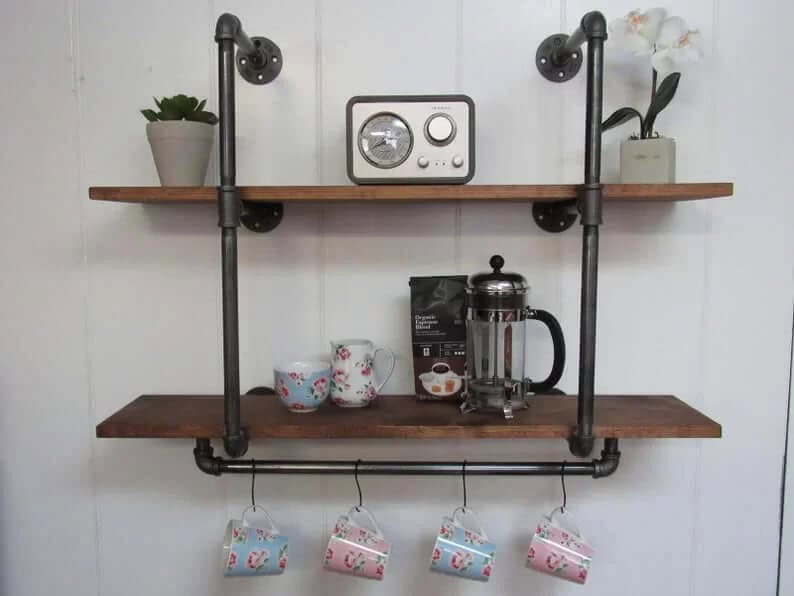 Industrial Two-tiered Shelf with S Hooks