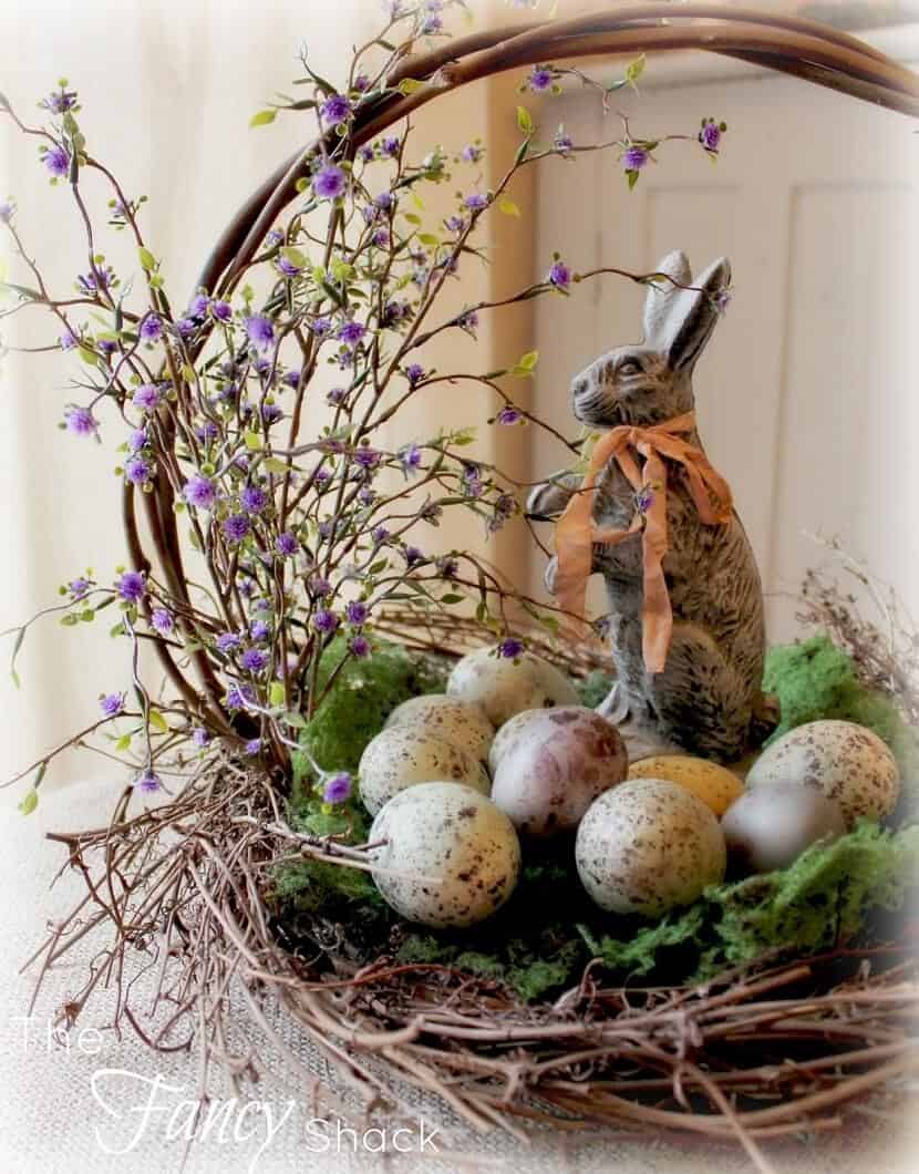 Basket with Speckled Eggs, Bouquet, and Bunny