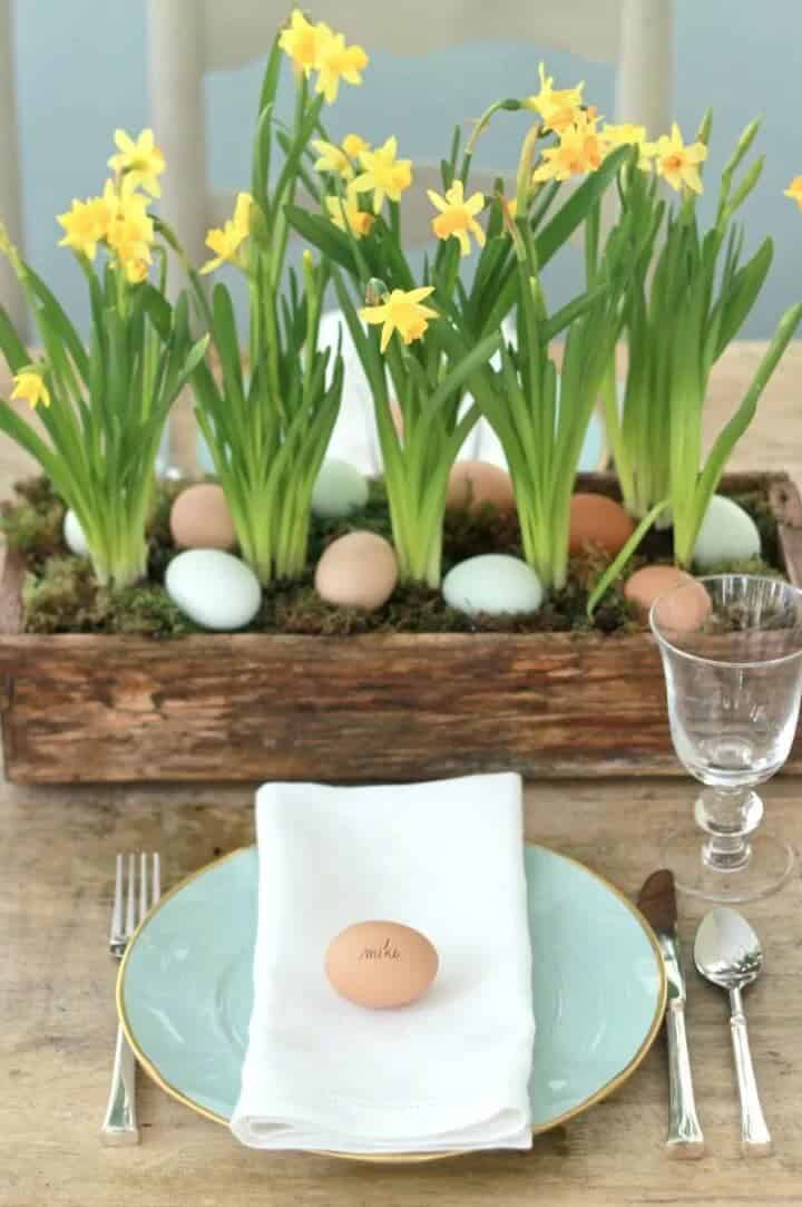 Wooden Flower Planter Centerpiece with Easter Eggs