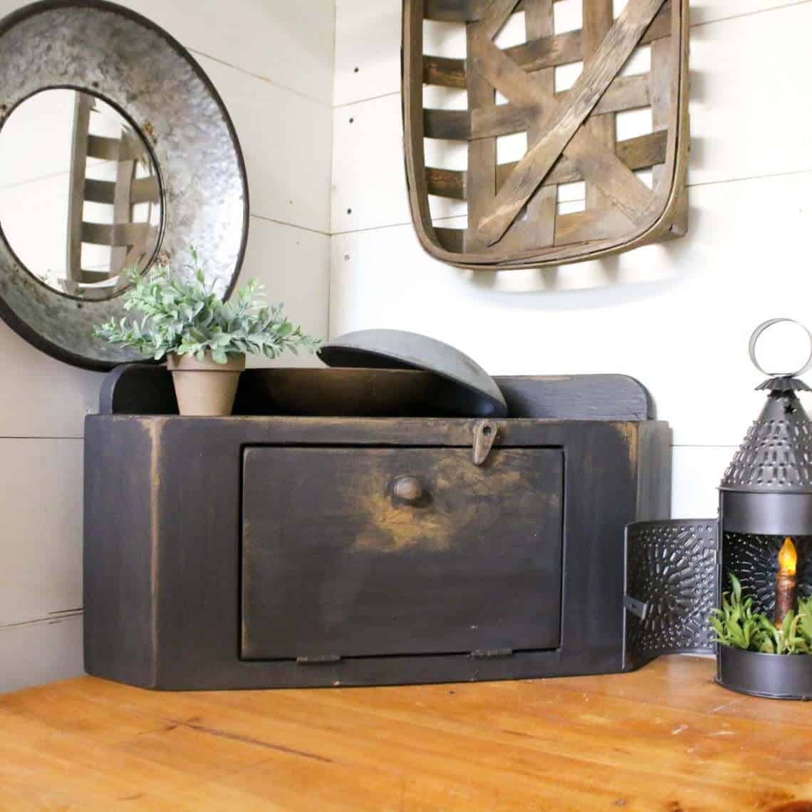 Rustic Black Corner Kitchen Bread Cabinet