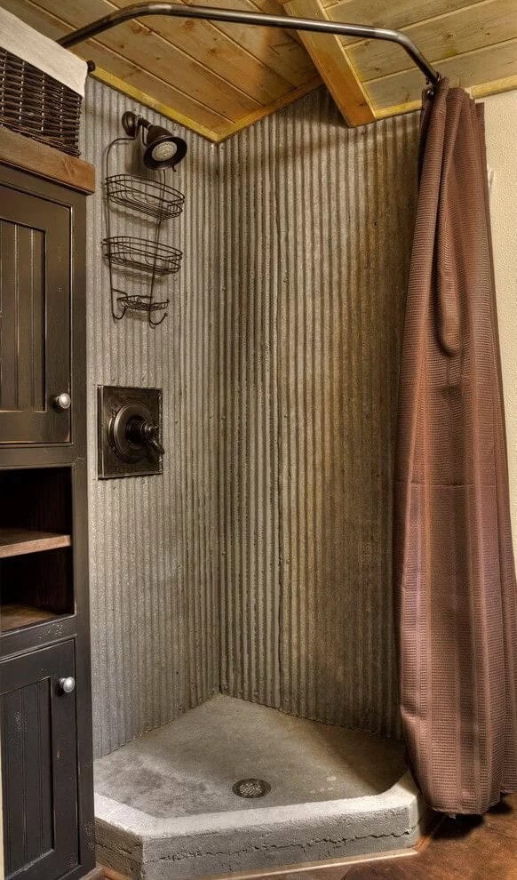 Masculine Corrugated Metal and Wood Shower Surround