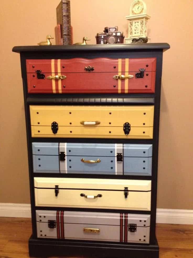 Bureau With Drawers Painted to Look Like Vintage Luggage