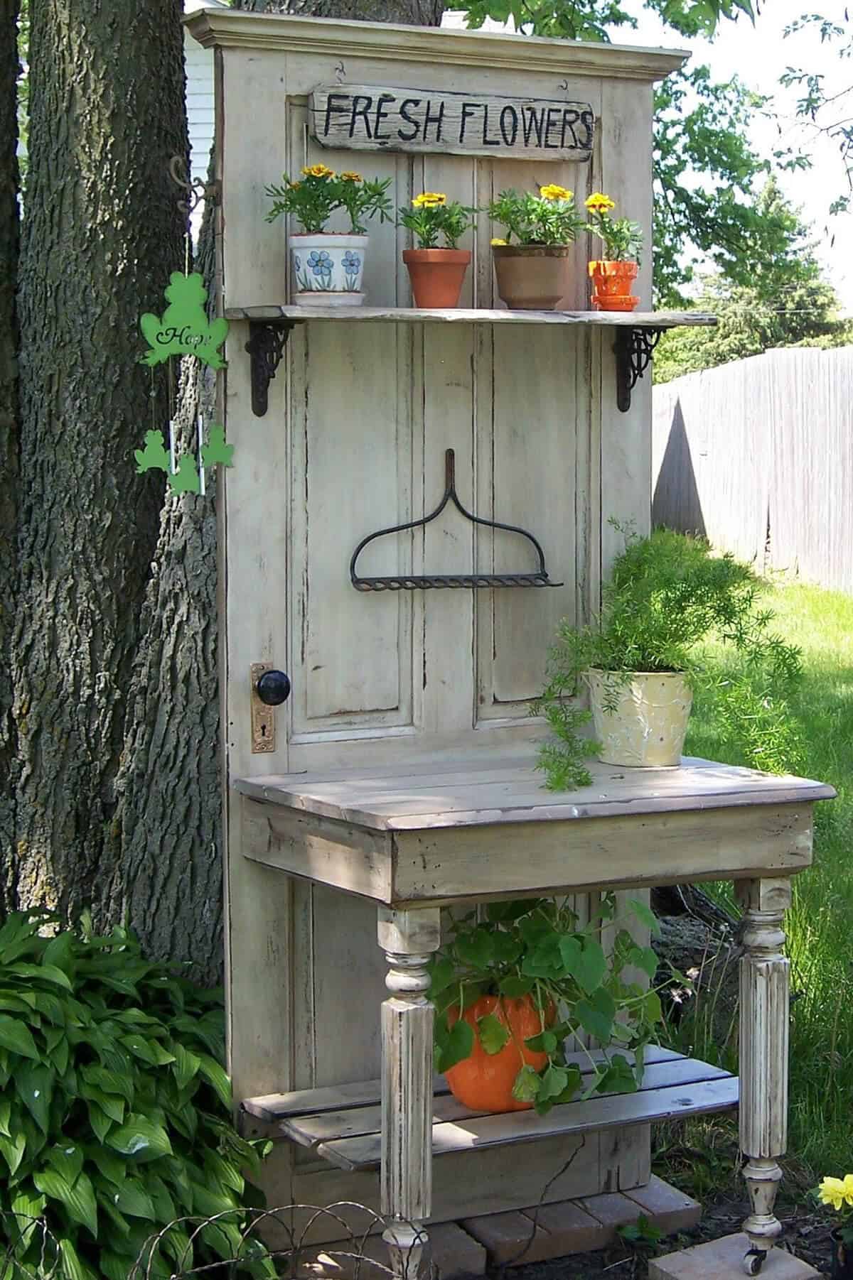 Repurposed Old Door Potting Bench Idea