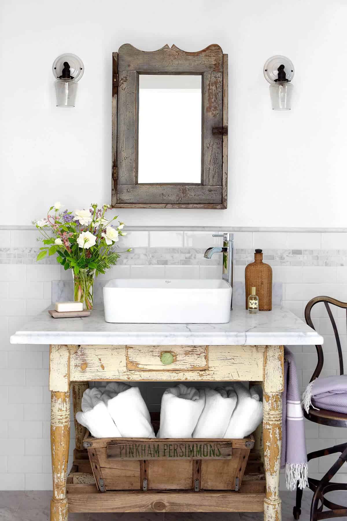 Light Wood Distressed Small Bathroom Toilet-table