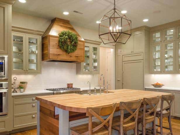 Sage Green Cabinetry with Honey Brown Wood