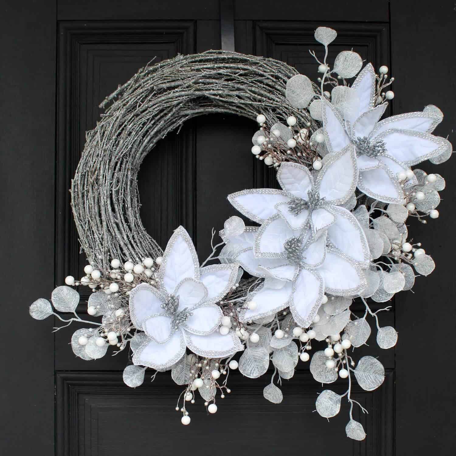 Quiet Snowfall — White Velvet Poinsettia Wreath