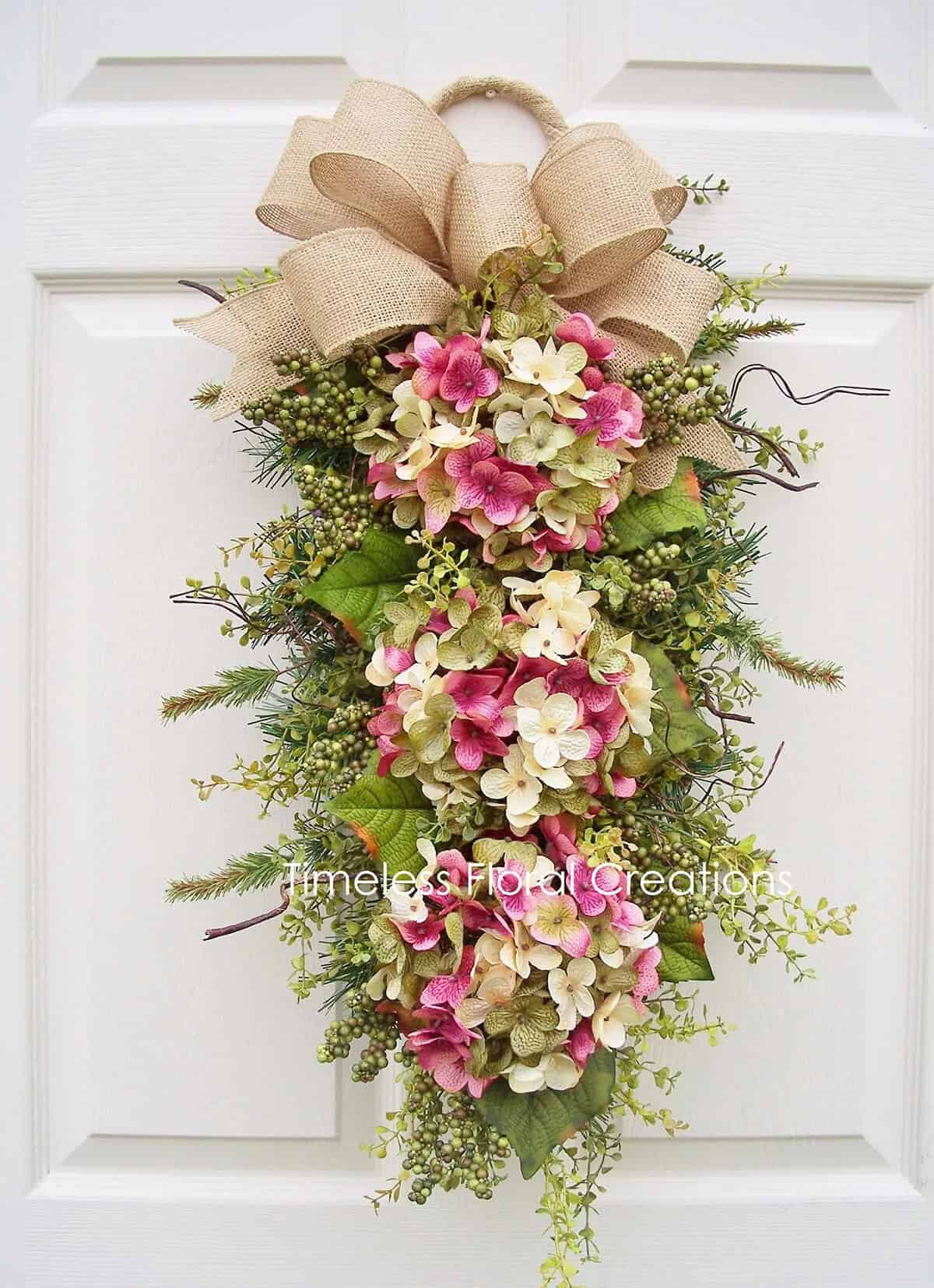 Cascading Hydrangea Blossoms and a Burlap Bow