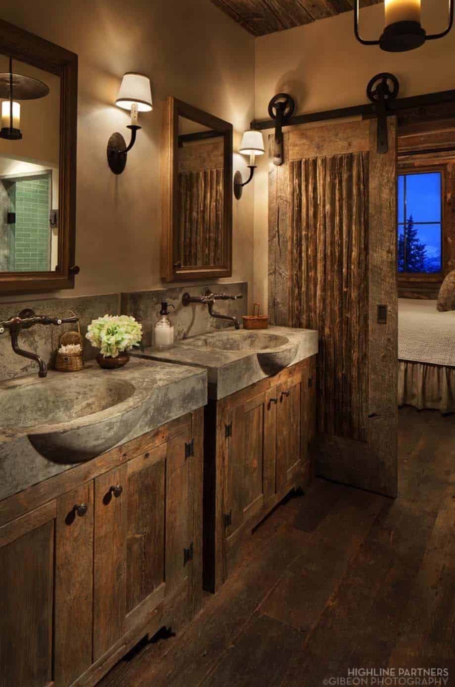 Rustic Bathroom Décor with Concrete Sinks and Barn Door