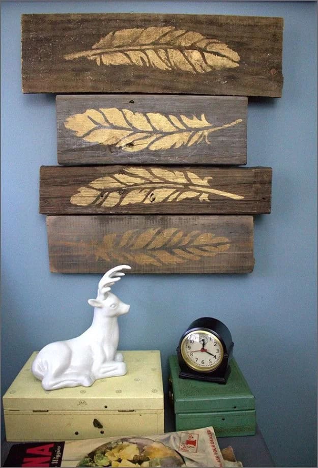 Stenciled Metallic Feathers on Weathered Wood Blocks