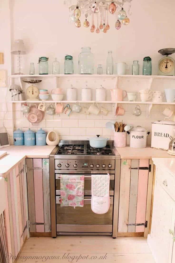 Multicolored Barn Wood Cabinets and Pink Walls