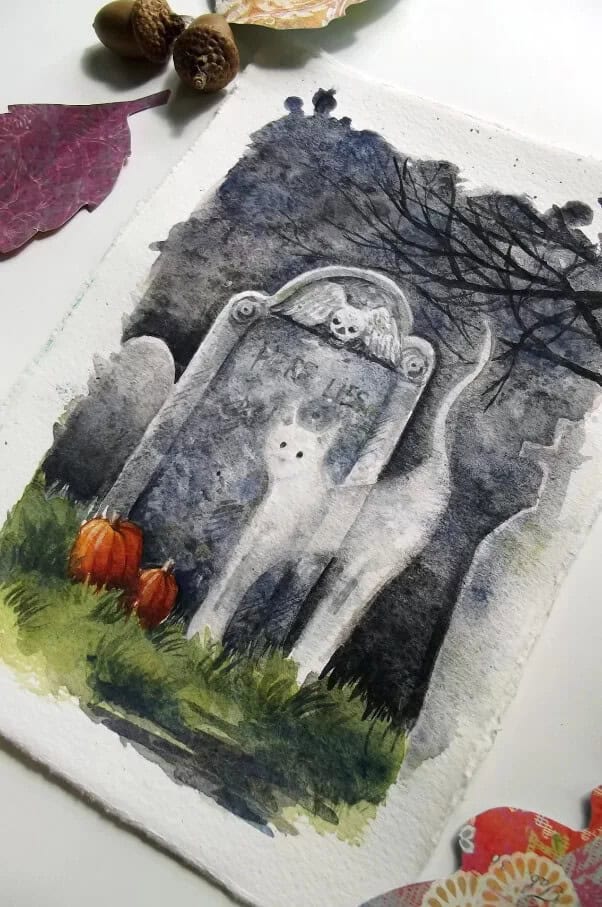 Classic Halloween Cat Graveyard Artwork