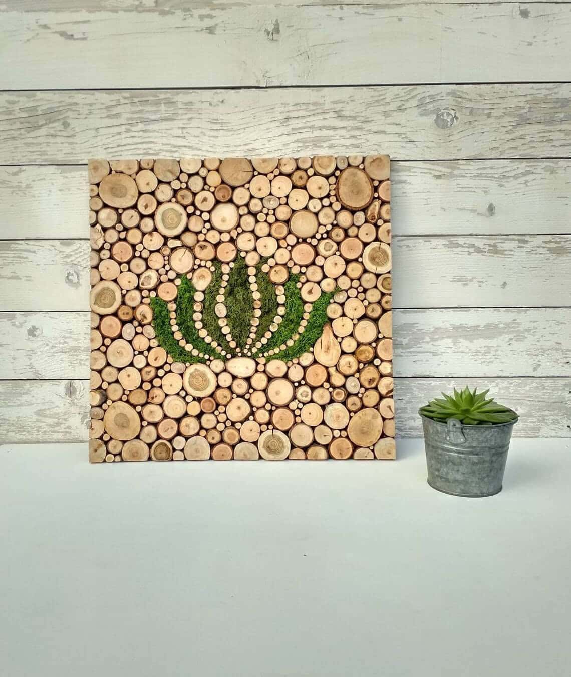 Wood Slice Wall Art with Lotus Flower