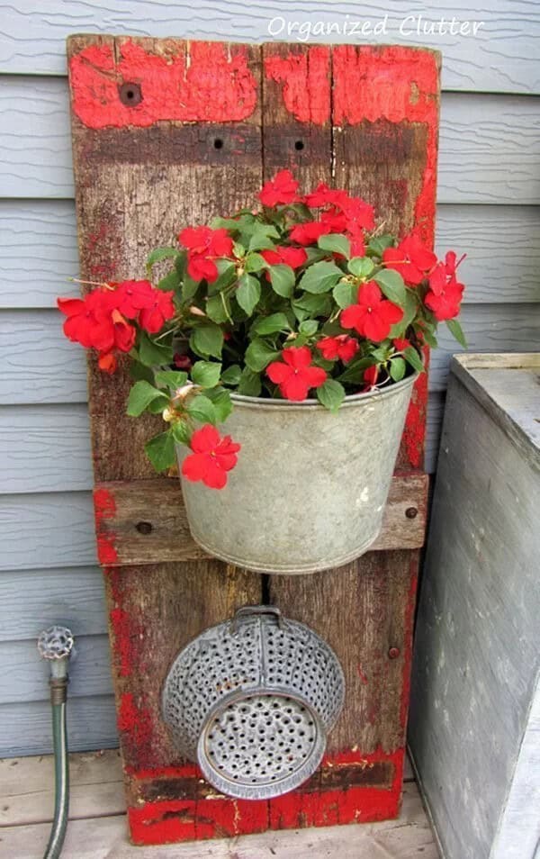 Wagon Board and Metal Bucket Planter