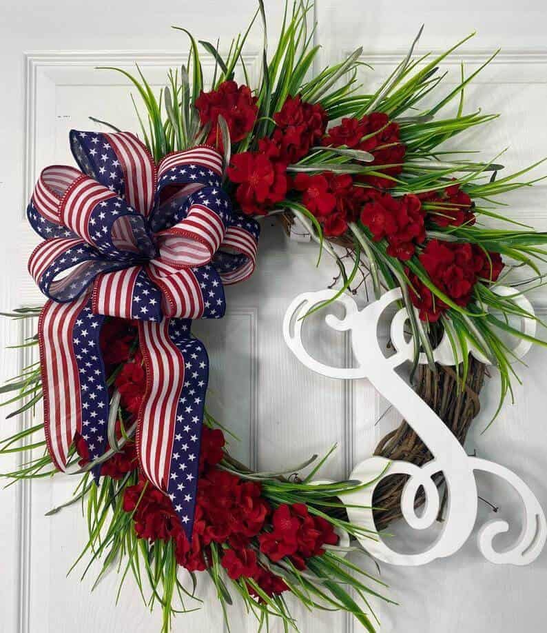 Red Geranium Flower Wreath with Monogram Letter