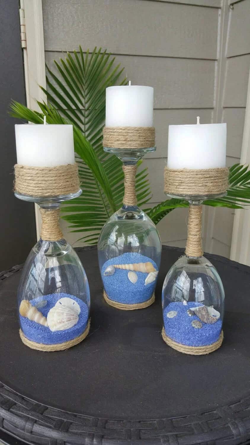 Sandy Seashell Homemade Wineglass Candle Holders