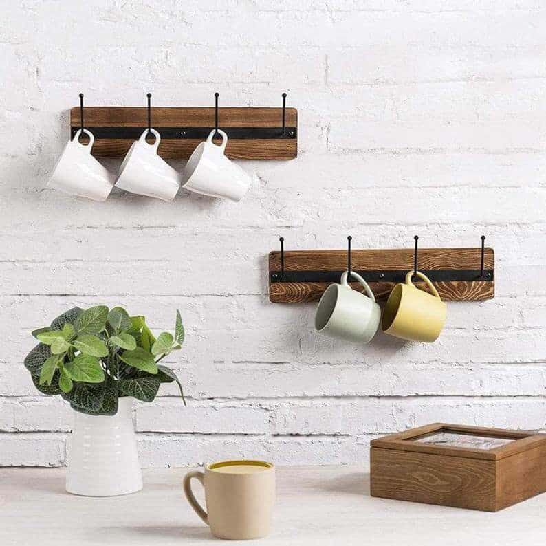 Metal and Wood Four Mug Wall Organizer