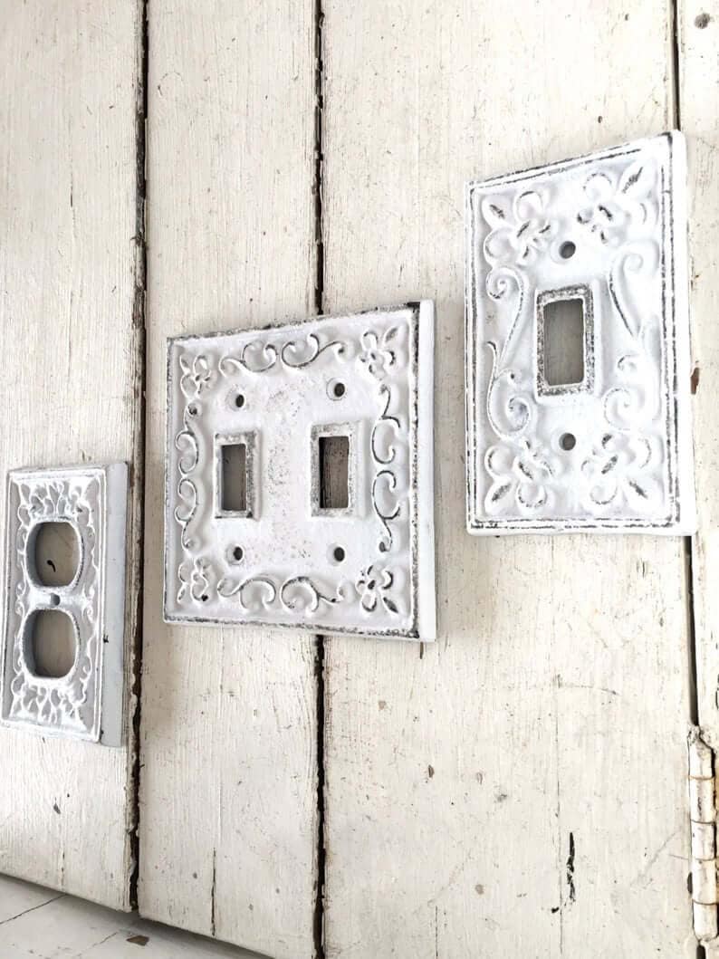 Switch and Outlet French Detail White Distressed Metal Plates