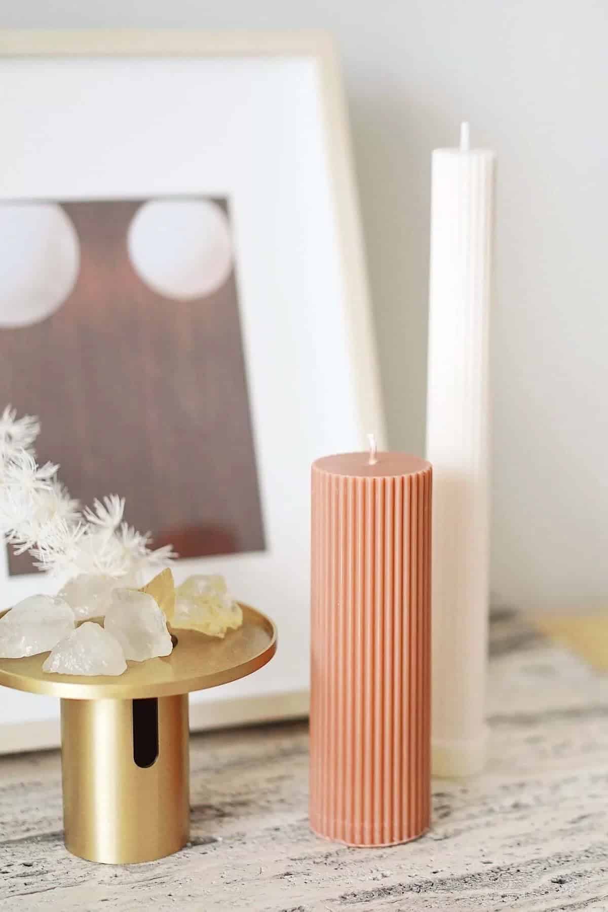 Ribbed Neutral Peach Column Candle