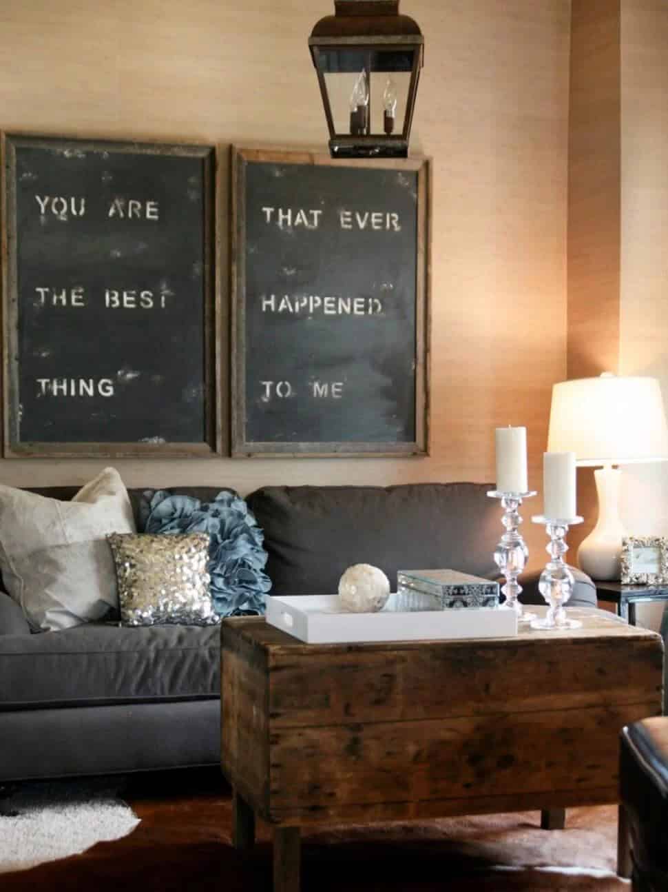 Oversized Stenciled Signs Over the Sofa