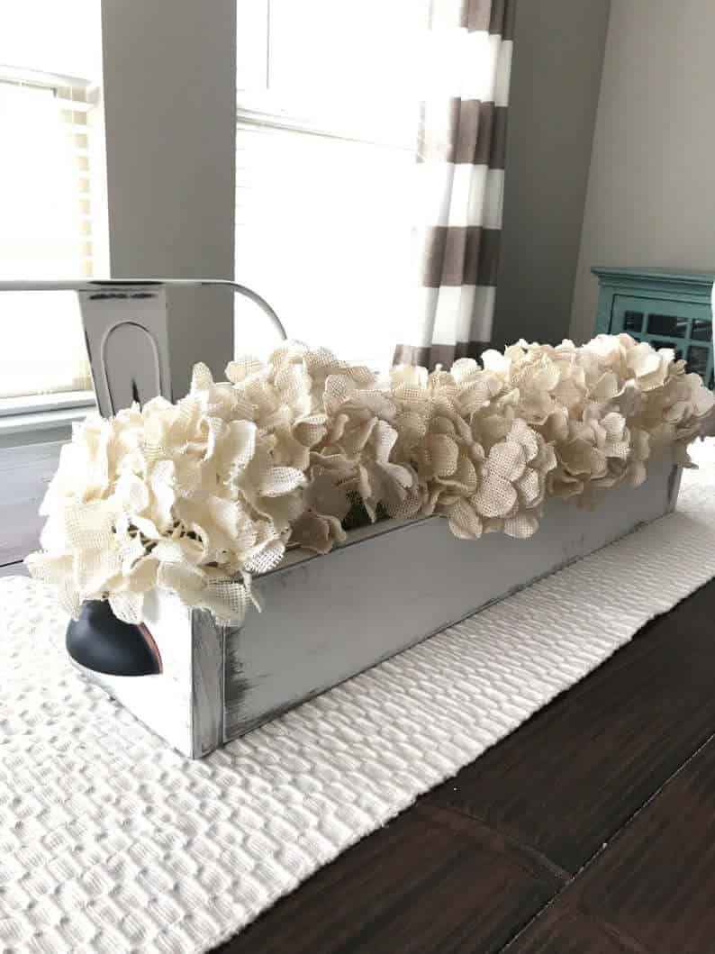 Wooden Flower Box of Burlap Hydrangeas