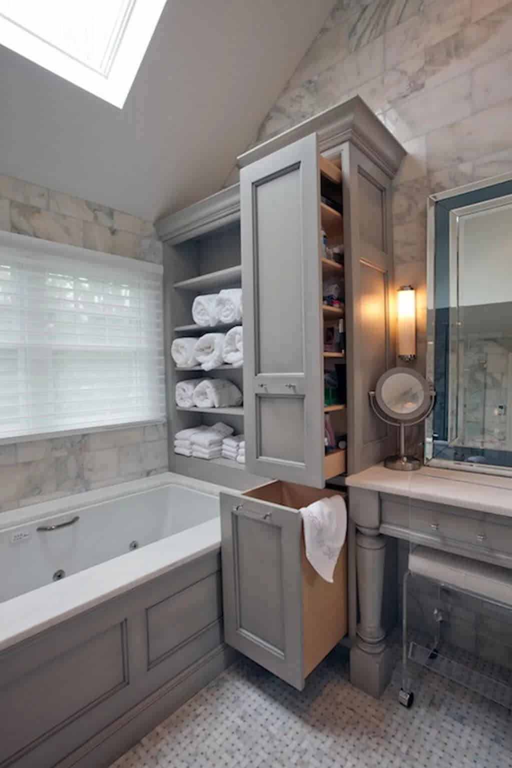 Sliding Shelves and Hamper De-clutter Bathroom Space